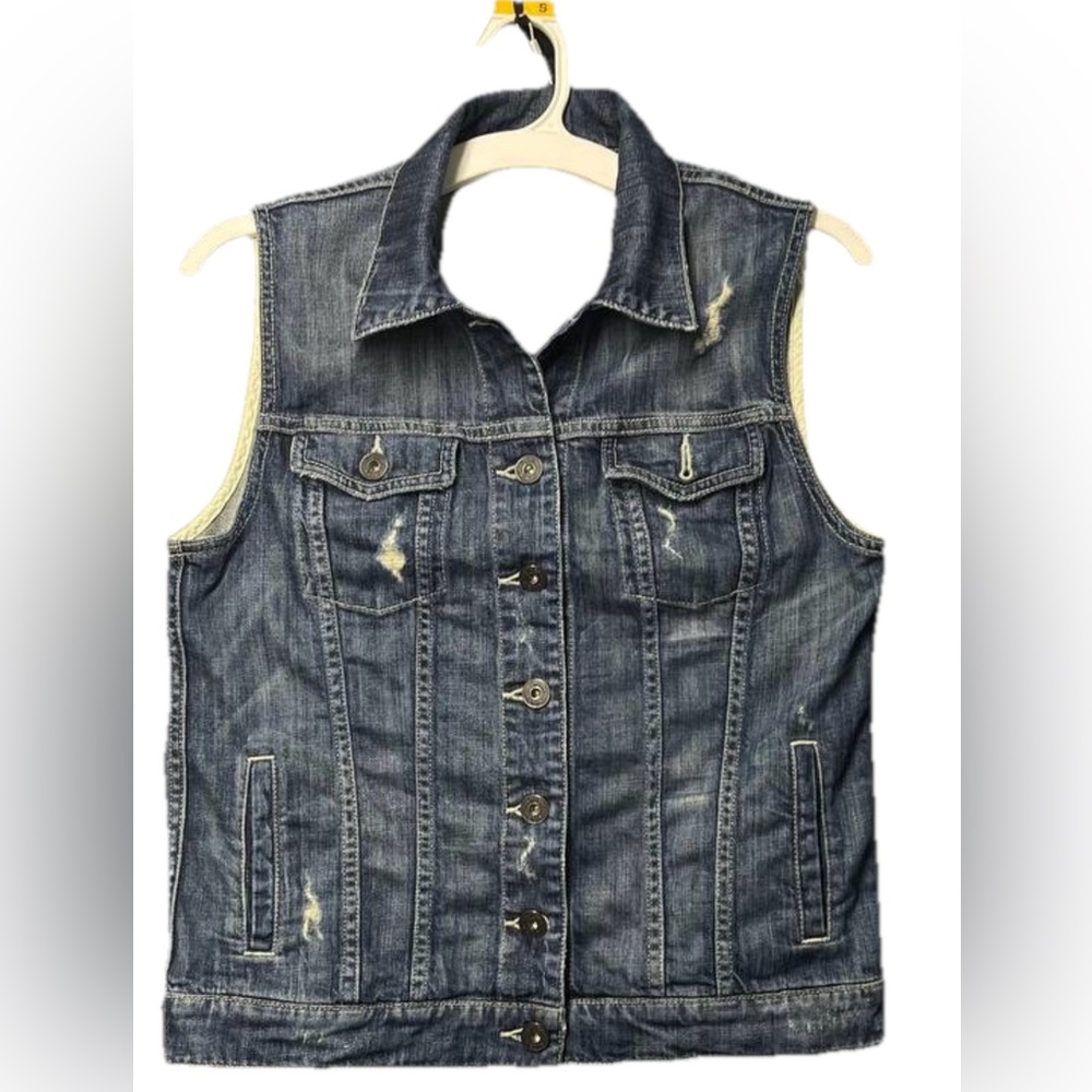 Vince Denim Distressed Jean Vest Wrecked Wash Sz‎ XS Streetwear Boho Punk Rock